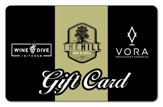 red, black, gold veritcal stripes with white gift card text and steven hospitality logos